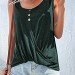 Kink T-Shirt Solid Color Cross Button Round Neck Sleeveless Tank Top
