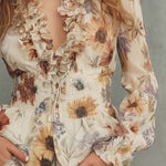 Vintage Floral Chiffon Ruffle Blouse