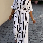 Half Sleeves Loose Printed Striped Tied Waist One-Shoulder Jumpsuits