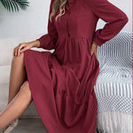 High Waisted Long Sleeves Pleated Ruffled Solid Color Lapel Midi Dresses Shirt Dress
