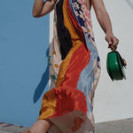 Scoop Neck Color Block Floral Print Ruffle Maxi Cami Dress