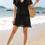 Loose Short Sleeves Hollow See-Through Solid Color Deep V-Neck Mini Dresses