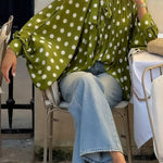 Polka Dot Print Tie-waist Lantern Sleeve Elegant Loose Shirt