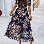 A-Line Elasticated Waist Contrast Color Flower Print Pleated Split-Joint V-Neck Maxi Dresses