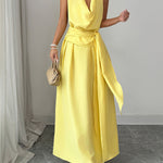 High Waisted Sleeveless Pleated Solid Color Tied Waist Halter-Neck Midi Dresses