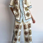 Lakeside Breeze Linen Blend Unique Print Elastic Waist Pocket Wide Leg Pants