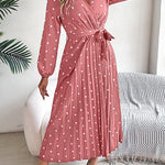 A-Line High Waisted Elasticity Pleated Polka-Dot Split-Joint Tied Waist V-Neck Midi Dresses Shirt Dress