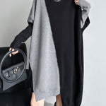 Batwing Sleeves Hipster Asymmetric Contrast Color Split-Joint High-Neck Midi Dresses Sweater Dresses