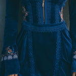 Boho Blue Velvet Zipper Front Lace Trim Embroidered Mini Dress