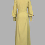 A-Line Long Sleeves Buttoned Pleated Pockets Solid Color Tied Waist V-Neck Maxi Dresses