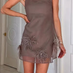Playful Charm Sheer Chiffon Embellished Feather Back Bow H-line Mini Dress