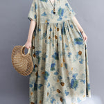 Artistic Retro Loose Floral Printed Pleated Vacation Midi Dress