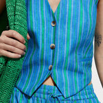 Linen Blend Striped Button Halter Backless Vest and Elastic Waist Pocket Pants Set