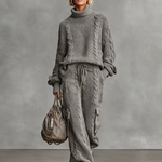 Women's Casual Cable Knit Turtleneck Sweater Cargo Pants Set