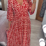 Bohemian casual print V-neck waist wrap long dress