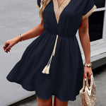 A-Line Elasticated Waist Contrast Color Drawstring Hollow Split-Joint Tasseled Tied V-Neck Mini Dresses