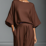 Women's Brown Cotton And Linen Blend Oversized Short-Sleeve Blouse & Wide-Leg Pants Set