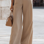 Beige Tailored Sleeveless Vest & Wide-Leg Trousers Suit Set