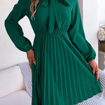 Long Sleeves Loose Pleated Solid Color Tied Mock Neck Mini Dresses