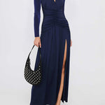 A-Line Bodycon Pleated Solid Color Split-Joint Split-Side Deep V-Neck Maxi Dresses