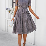 A-Line Elasticated Waist Contrast Color Polka Dot Split-Joint Tied Waist Round-Neck Midi Dresses