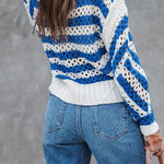 Fashion Loose Striped Hollow Crew Neck Knit Sweater