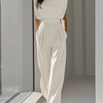 Loose Pleated Solid Color Split-Joint Round-Neck Jumpsuits