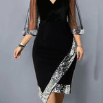Bodycon Wrap Contrast Color Mesh Sequined Split-Joint V-Neck Midi Dresses