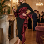 Bodycon Flared Sleeves Asymmetric Contrast Color Ruffled Zipper Stand Collar Midi Dresses