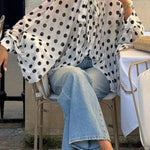 Polka Dot Print Tie-waist Lantern Sleeve Elegant Loose Shirt