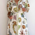 A-Line High Waisted Buttoned Contrast Color Pockets Print Split-Joint Tied Waist Stand Collar Maxi Dresses Shirt Dress