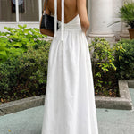 A-Line High Waisted Backless Pleated Solid Color Split-Joint Halter-Neck Midi Dresses