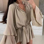 Flared Sleeves Loose Lace-Up Pleated Solid Color Split-Joint Tiered Round-Neck Mini Dresses
