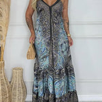 Bohemian Style Unique Print V-neck Suspender Holiday Maxi Dress
