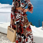 Vacay Mode Hollow Lace Unique Print Bell Sleeve Crop Top and Tie-up Maxi Skirt Set