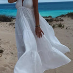 Bohemian Style V-neck Backless Slip Layered Vacation Maxi Dress