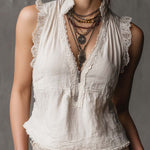 Vintage Zippered Collar Lace-trimmed Cotton Linen Tank Top