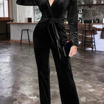 Solid Color Velvet Deep V Belt Slim Jumpsuit