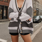 Knitted Jacket V-Neck Pocket Colorblock Cardigan Sweater