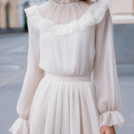 Ruffled High-Neck Chiffon Long-Sleeve Dress