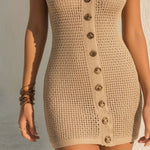 Chic Beige Crochet Button-Down Mini Dress