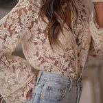 Lace V-neck Bell Sleeve Sheer Shirt