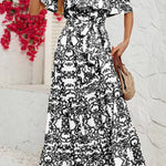 Off-shoulder short-sleeved printed ruffled maxi dress