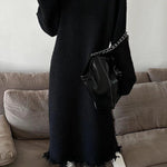 High Waisted Long Sleeves Fringed Solid Color Round-Neck Midi Dresses Sweater Dresses