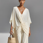 Women's Ivory Pleated Chiffon Set With Deep V-Neck & Twist-Front Detail, Timeless Luxe-Effortless Style Set