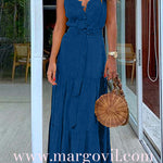 Margovil Buttons V Neck Sleeveless Tie Waist Maxi Swing Dress