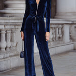 Navy Velvet Zip-Front Wide-Leg Jumpsuit