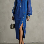 Long Sleeves Puff Sleeves Buttoned Pleated Pockets Solid Color Split-Side V-Neck Midi Dresses