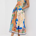 Unique Printed Lace-up Suspender Pockets Casual Resort Style Midi Dress