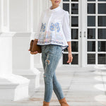 Casual Three-Quarter Sleeves Loose Embroidered Stand Collar Blouses&Shirts Tops